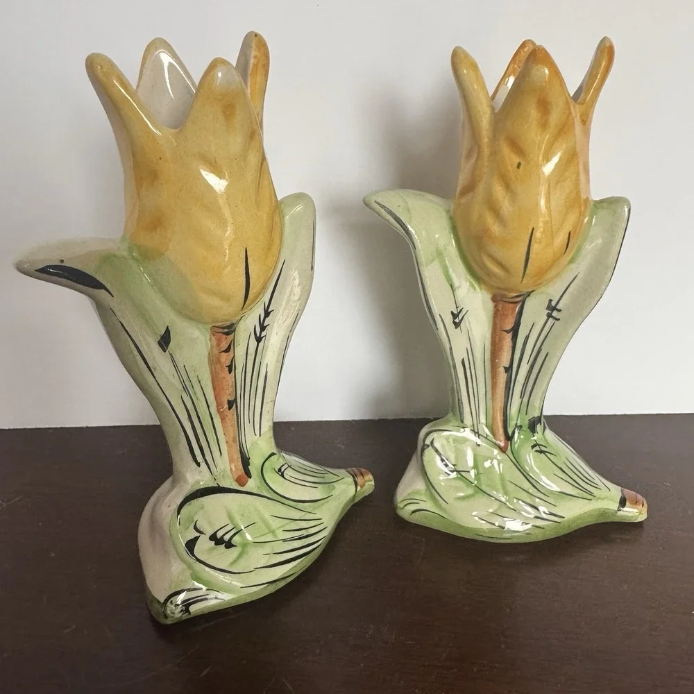 Vintage Ceramic Tulip Candle Holders Pair Made In Portugal MCM Gold Trim